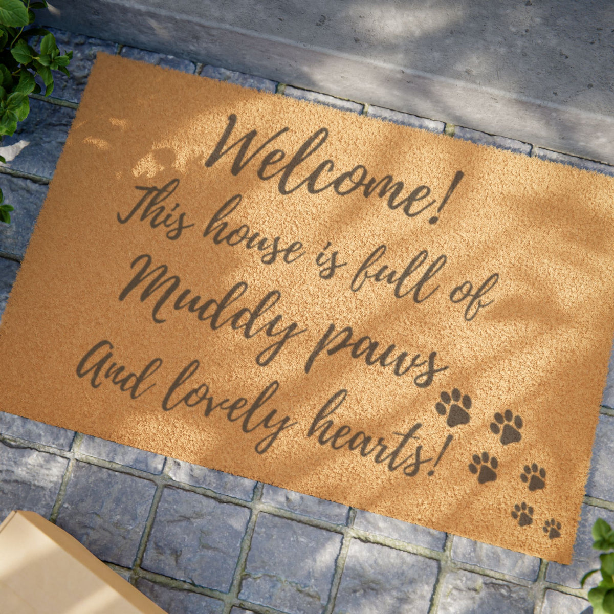 Doormat — "Welcome! This home’s full of muddy paws and lovely hearts" Pet Paw Print Welcome Mat