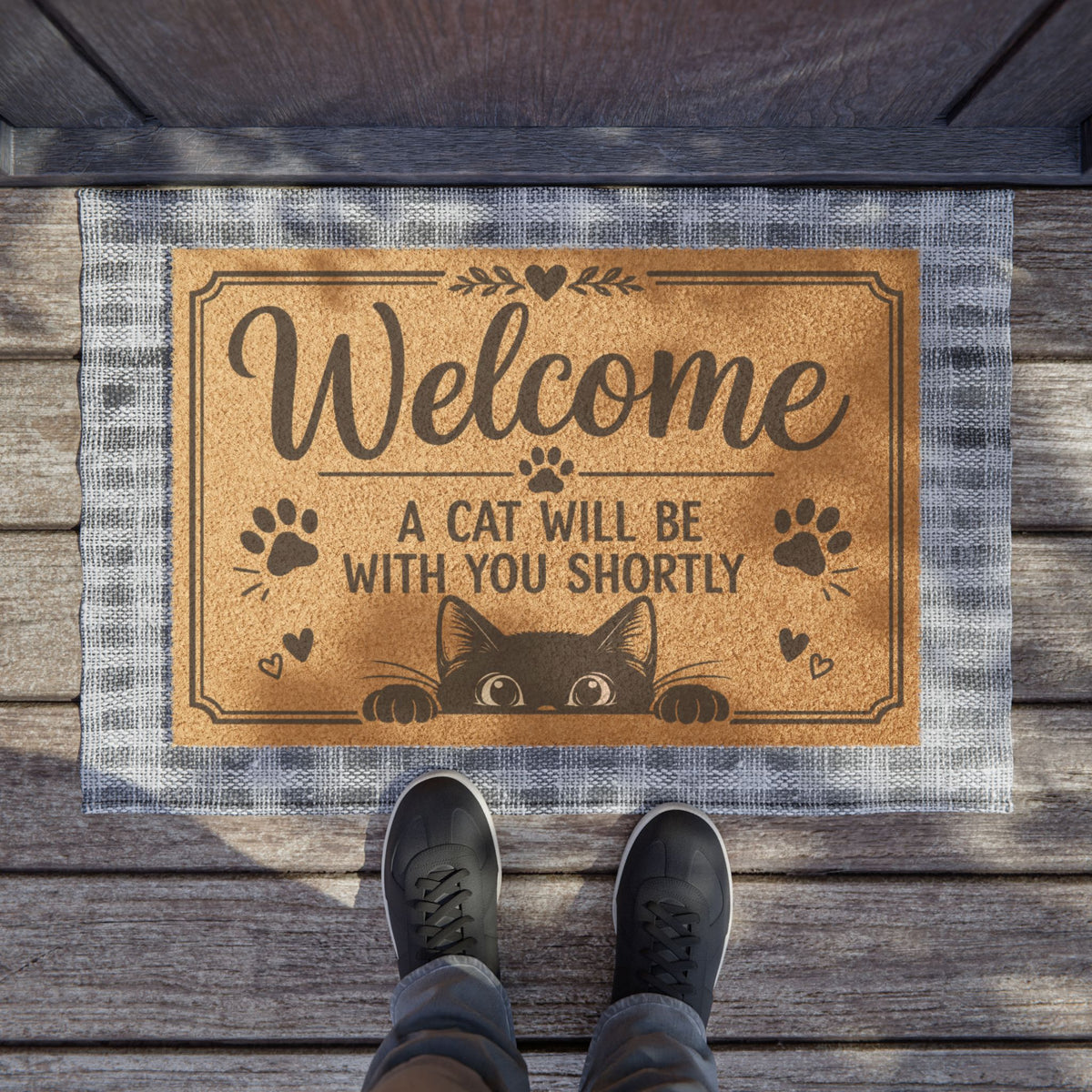 Welcome Doormat — "A Cat Will Be With You Shortly" Cute Cat Paw Welcome Mat