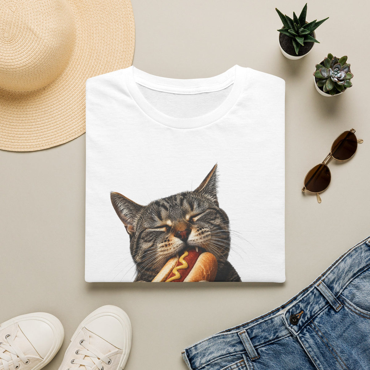 Cat Eating Hot Dog T-Shirt — Funny Cute Cat Graphic Tee