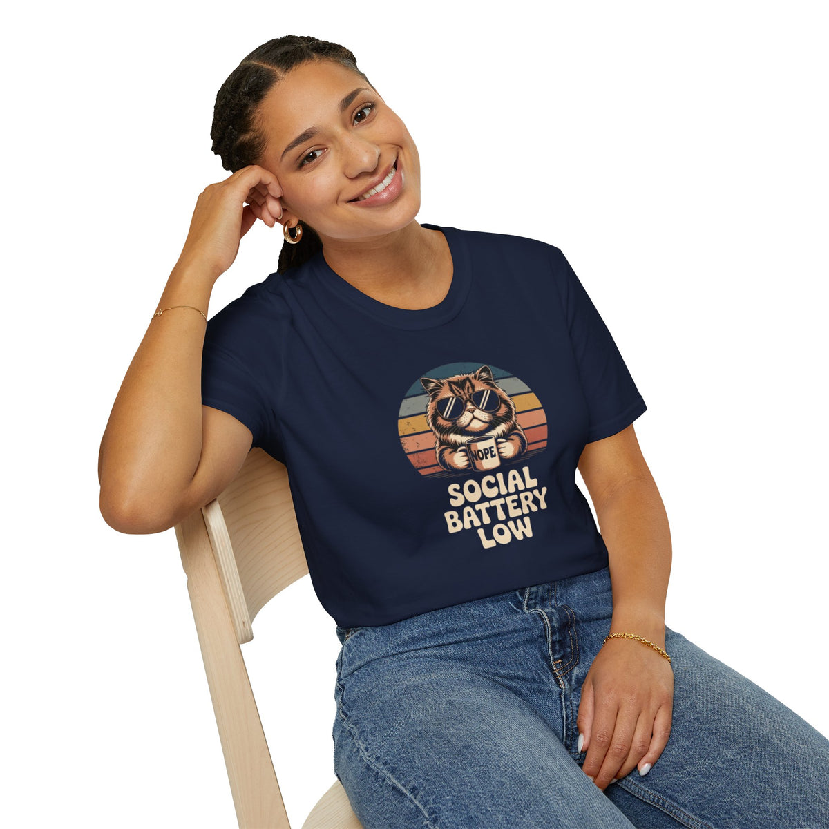 Social Battery Low Cat Retro Graphic T-Shirt