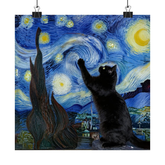 Digital download Starry Night Cat Poster — Black Cat Wall Art, Van Gogh Style Night Sky Print