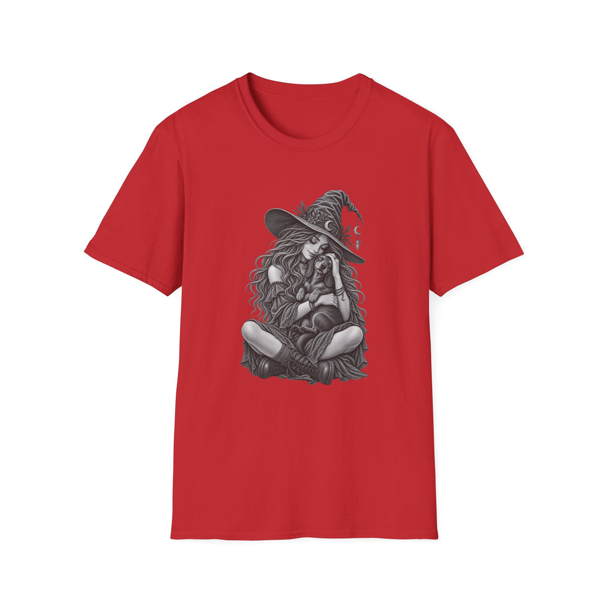 Witch Girl petting a dog Graphic T-Shirt — Witch Illustration Tee