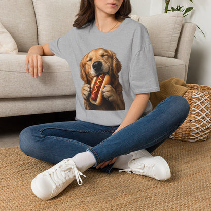 Golden Retriever Hot Dog T-Shirt — Cute Dog Eating Hotdog Graphic Tee