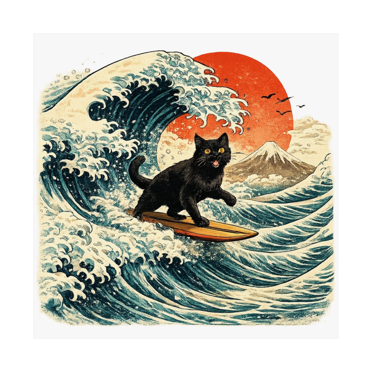 Surfing Black Cat Poster — Vintage Japanese Wave Art Print