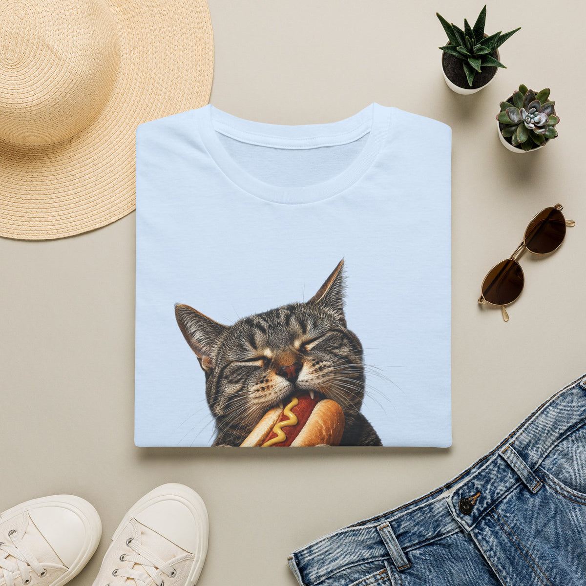 Cat Eating Hot Dog T-Shirt — Funny Cute Cat Graphic Tee