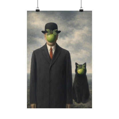Digital download Surreal Apple-Faced Man & Cat Matte Poster — Vintage René Magritte Style Art Print