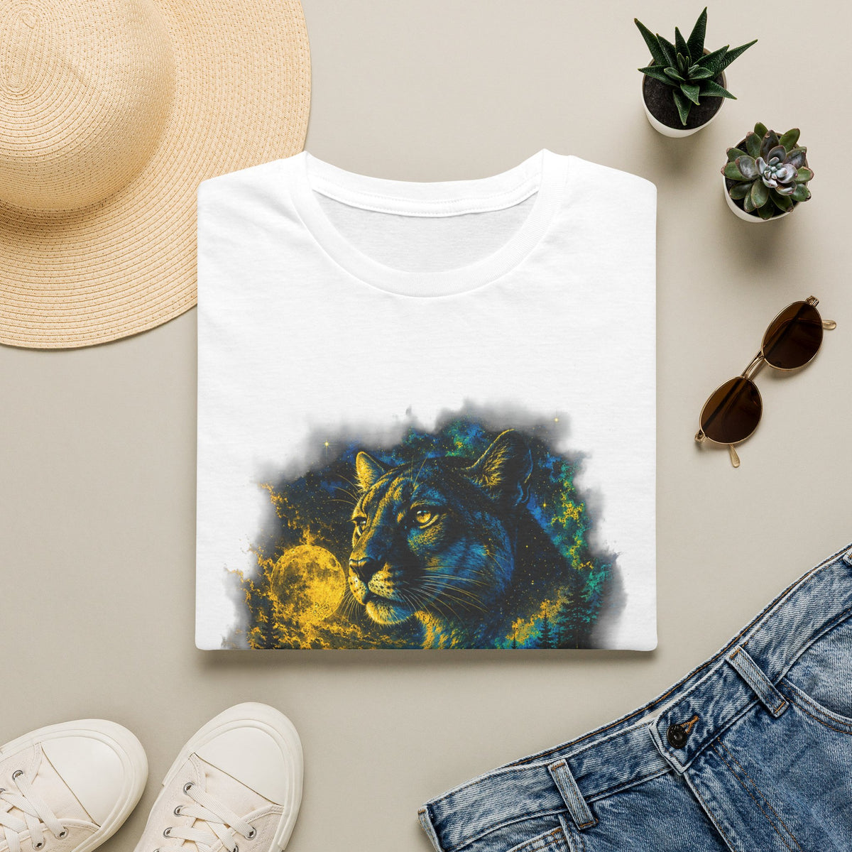 Moon T-Shirt — Neon Cosmic Big Cat Graphic Tee