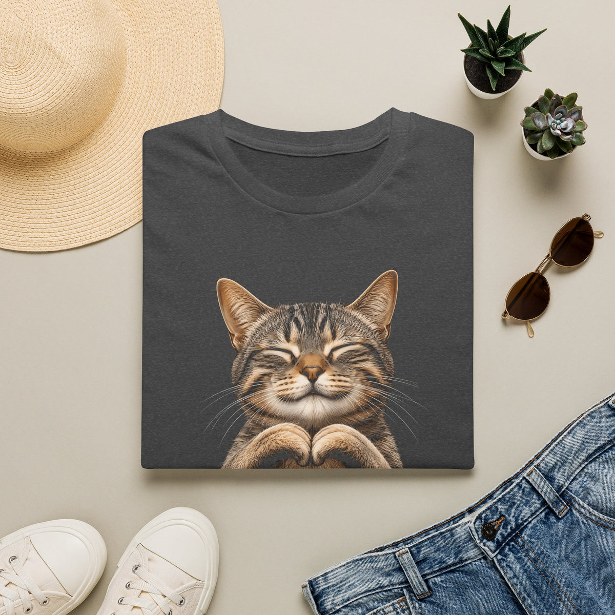Smiling Tabby Cat Heart Pose T-Shirt