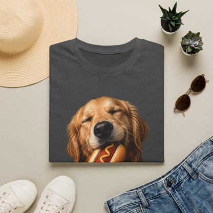 Golden Retriever Hot Dog T-Shirt — Cute Dog Eating Hotdog Graphic Tee