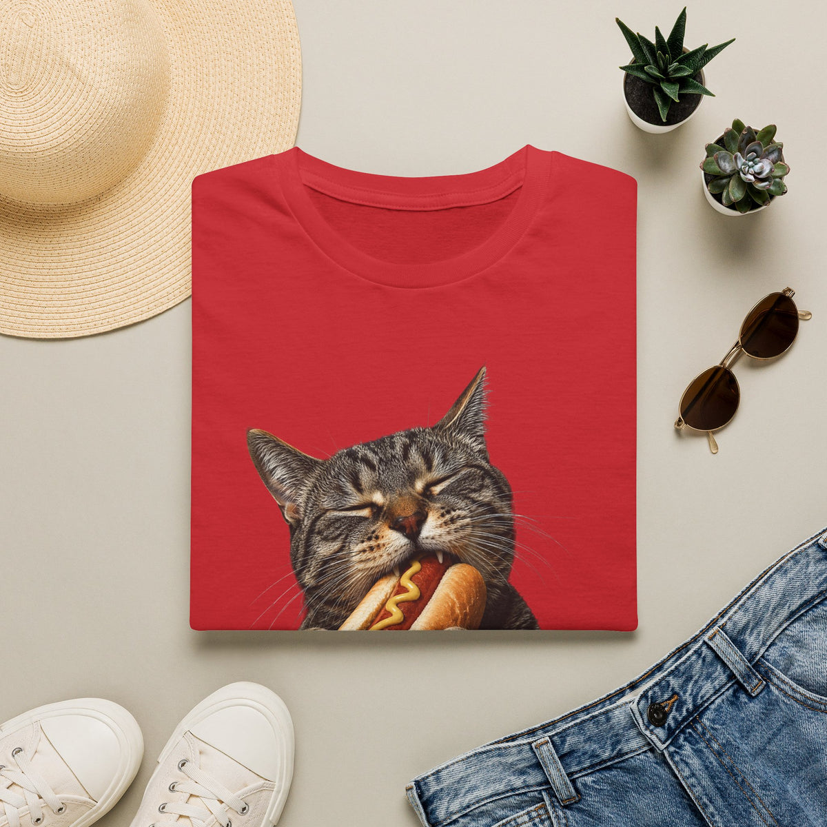 Cat Eating Hot Dog T-Shirt — Funny Cute Cat Graphic Tee