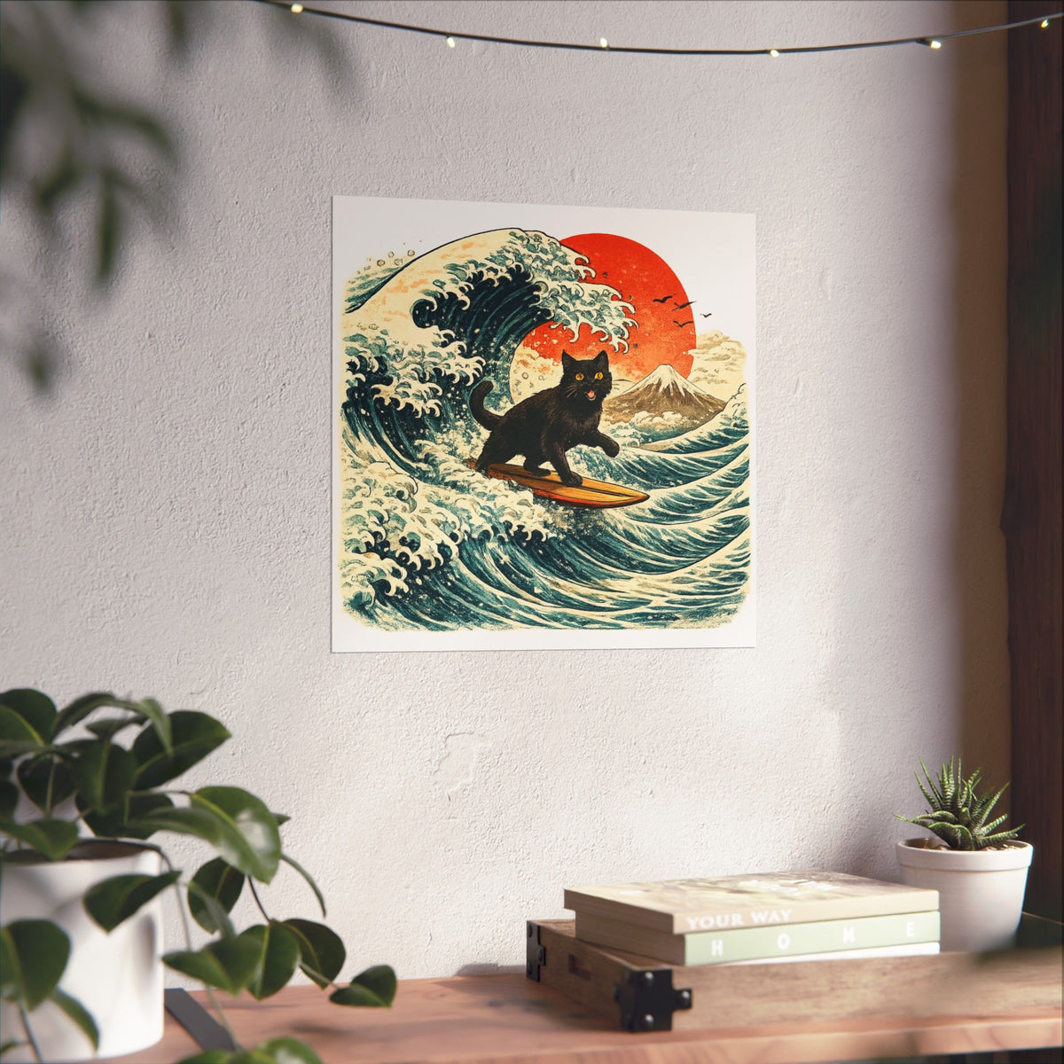 Surfing Black Cat Poster — Vintage Japanese Wave Art Print