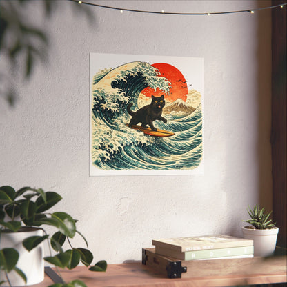 Surfing Black Cat Poster — Vintage Japanese Wave Art Print