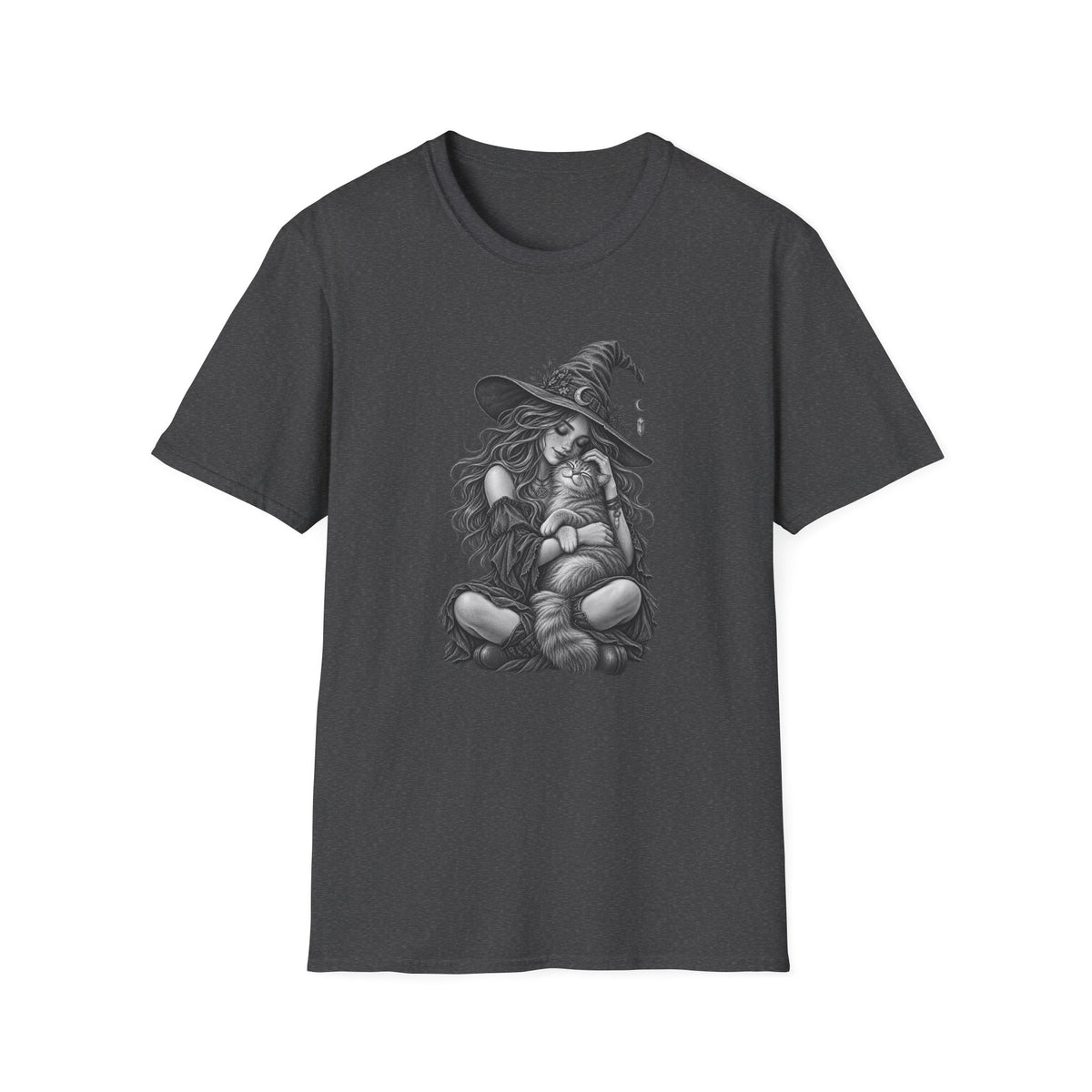 Witch and Cat Graphic T-Shirt — Cozy Gothic Halloween Tee