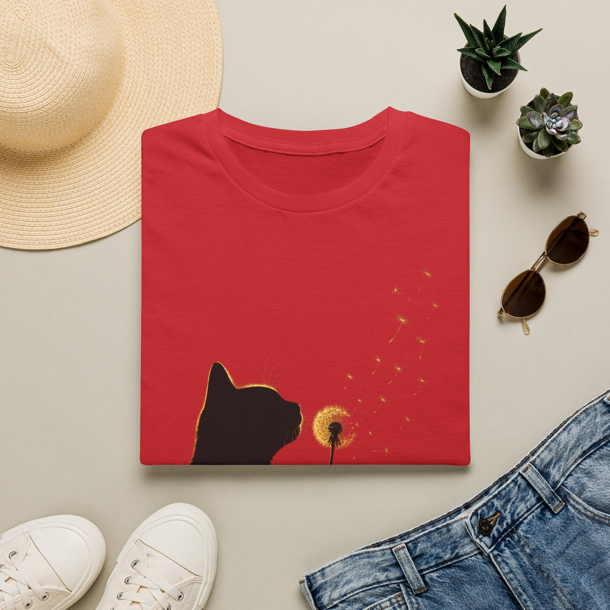Cat Silhouette Dandelion Tee — Whimsical Night Cat T-Shirt