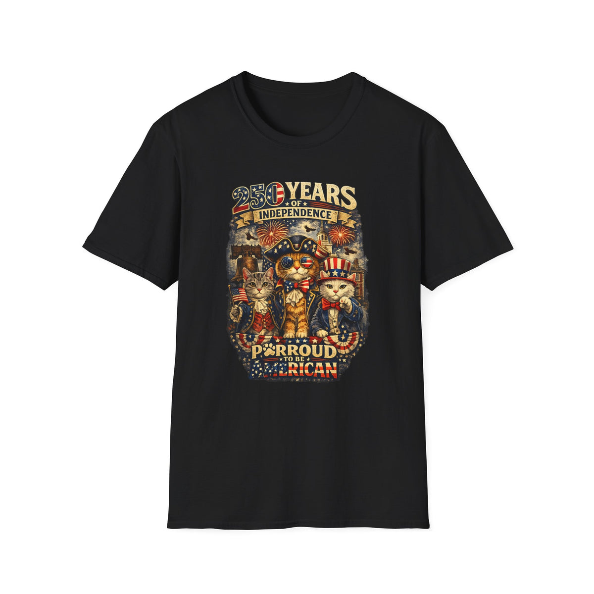 T-Shirt — "250 Years of Independence" Patriotic Cat Fourth of July Tee