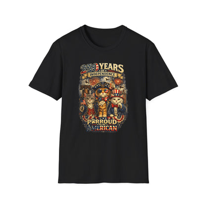 T-Shirt — "250 Years of Independence" Patriotic Cat Fourth of July Tee