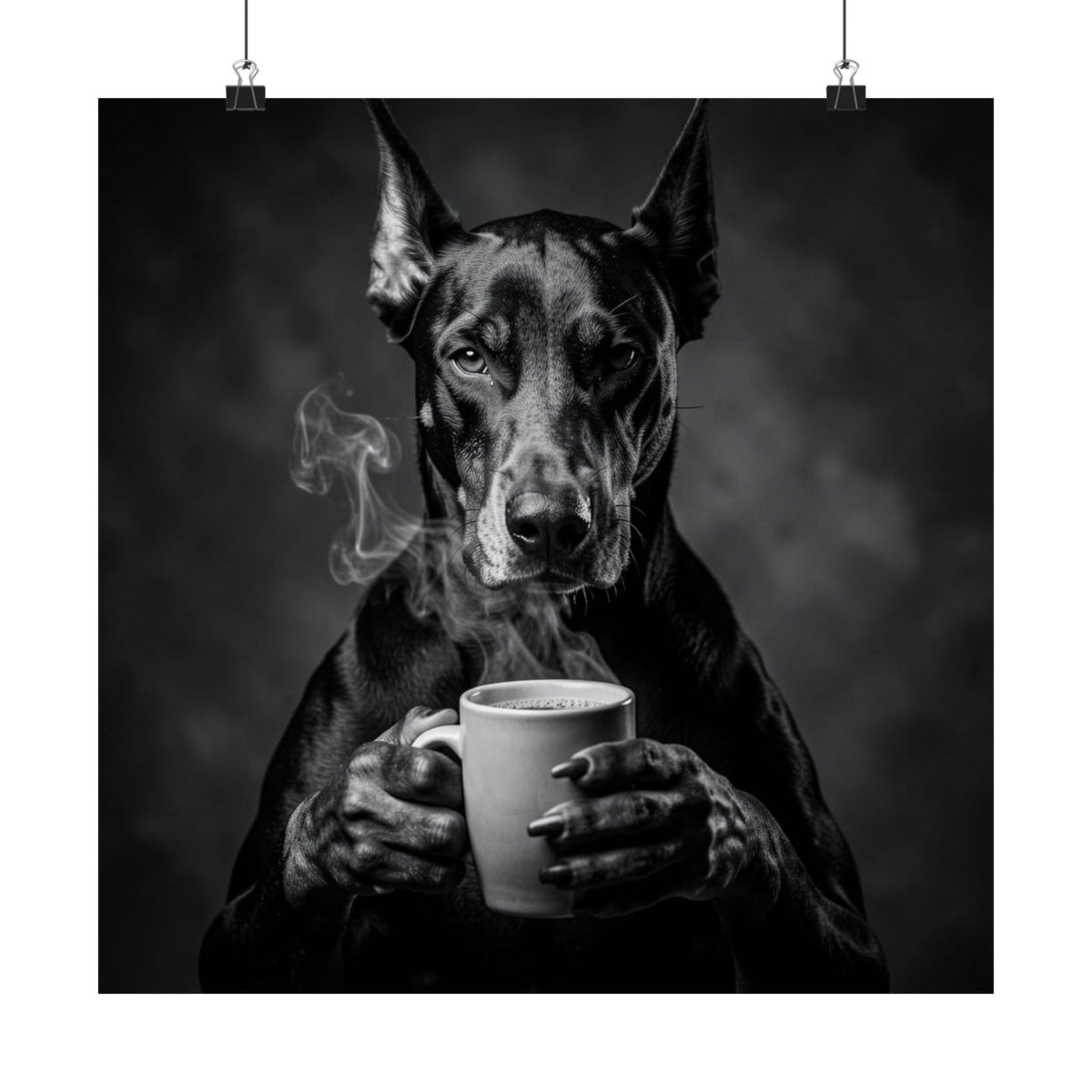 Doberman Coffee Poster — Black & White Matte Dog Art Print