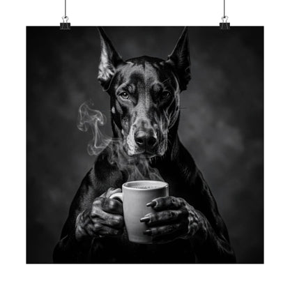 Doberman Coffee Poster — Black & White Matte Dog Art Print