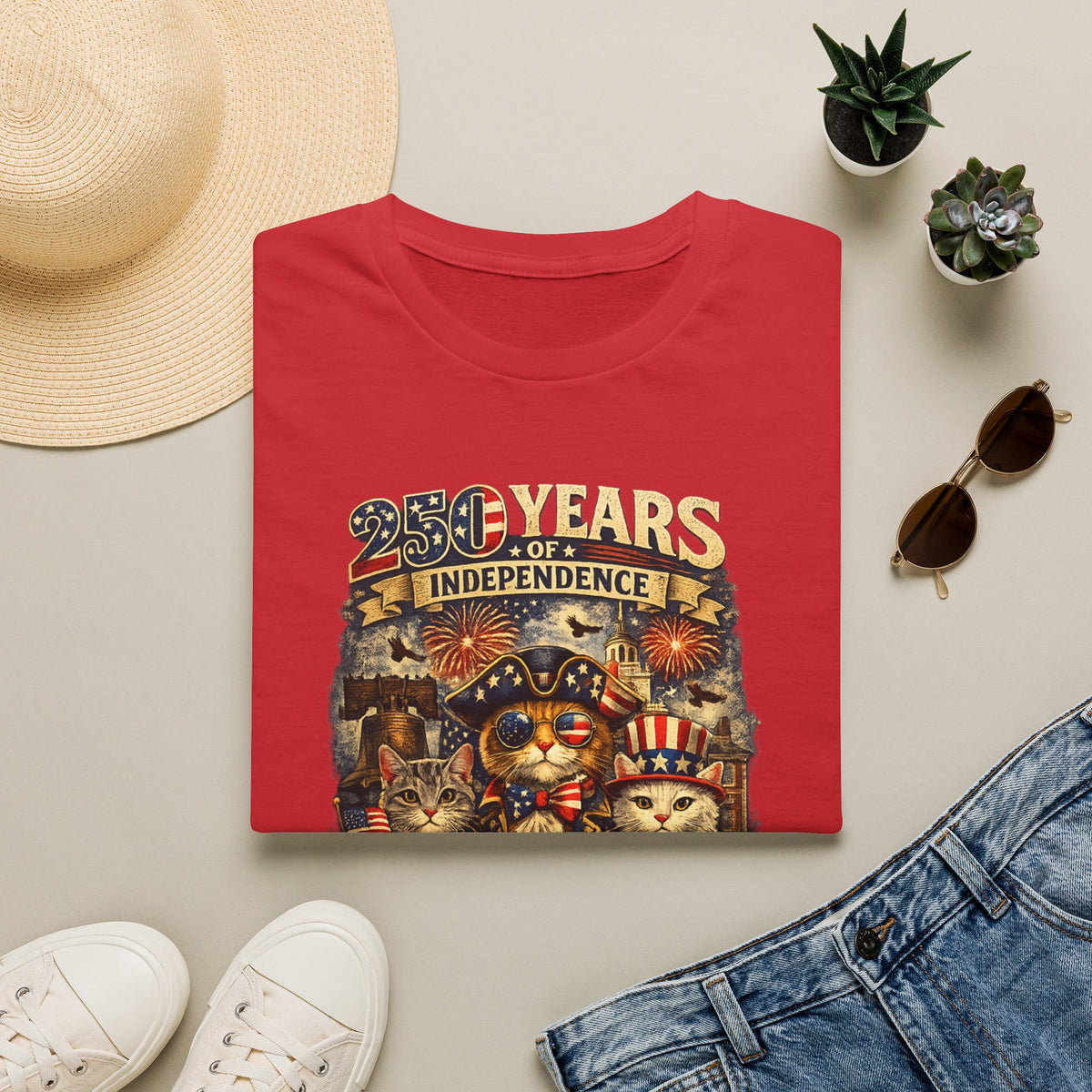 T-Shirt — "250 Years of Independence" Patriotic Cat Fourth of July Tee