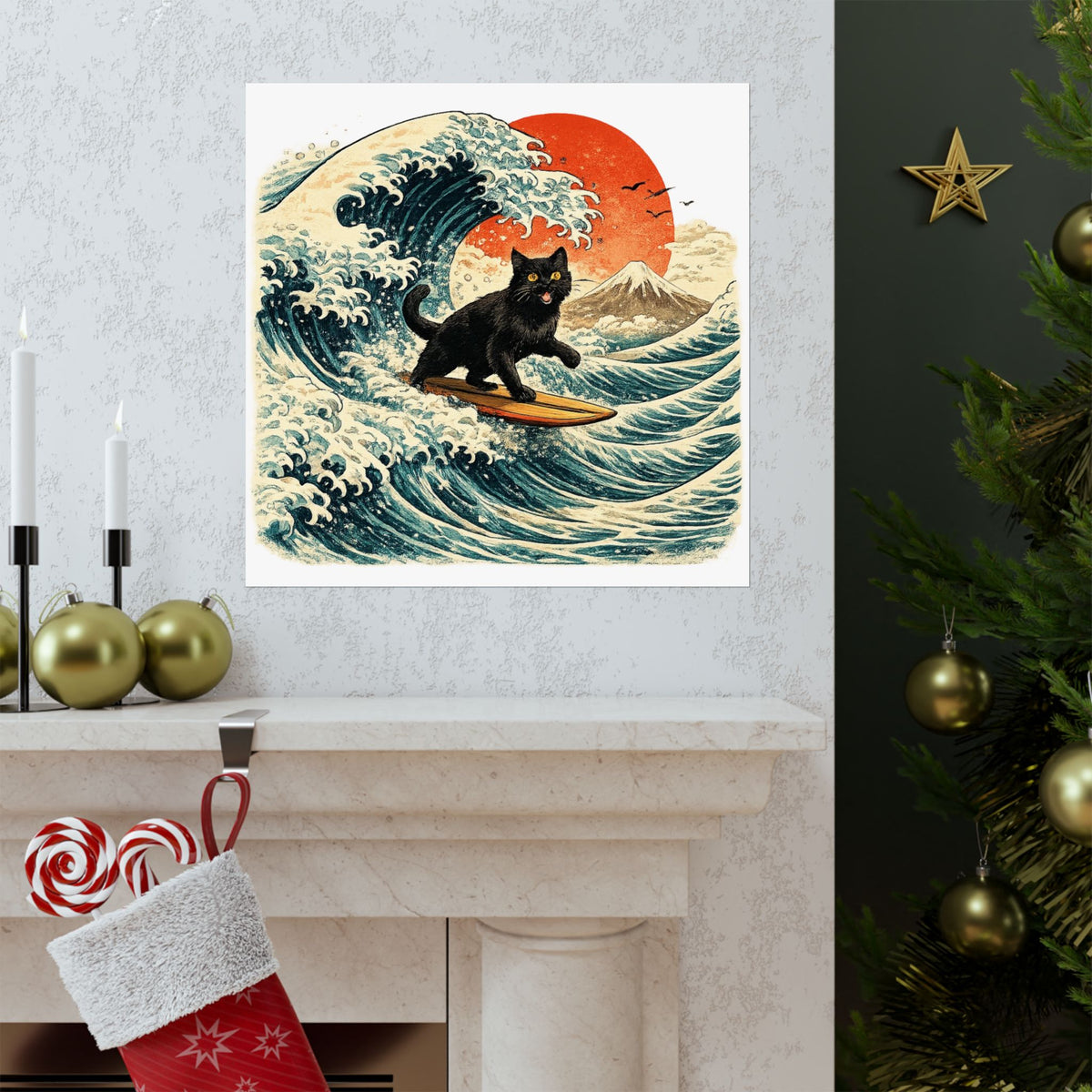 Surfing Black Cat Poster — Vintage Japanese Wave Art Print