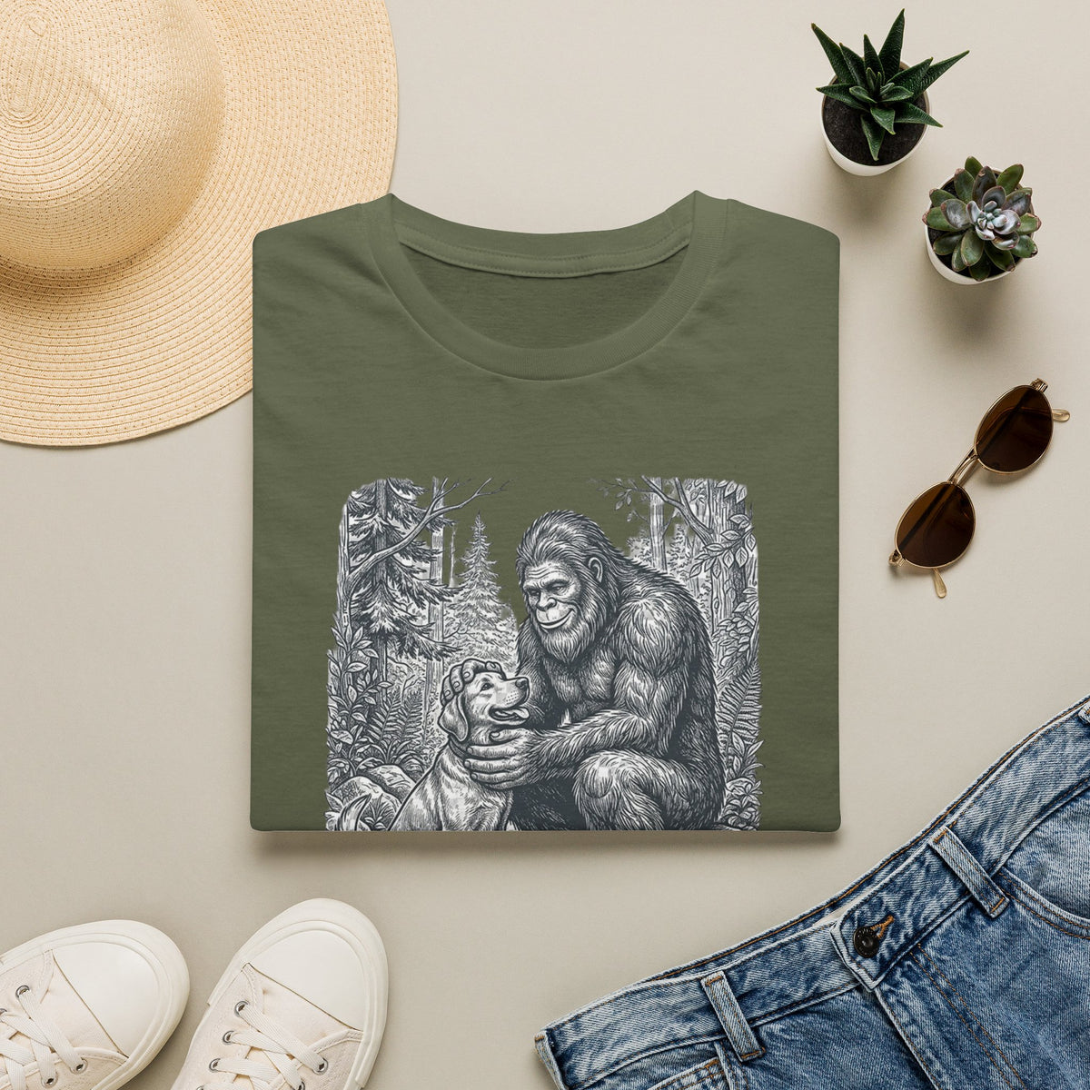 Bigfoot & Dog Graphic T-Shirt — Retro Wilderness Sasquatch Design