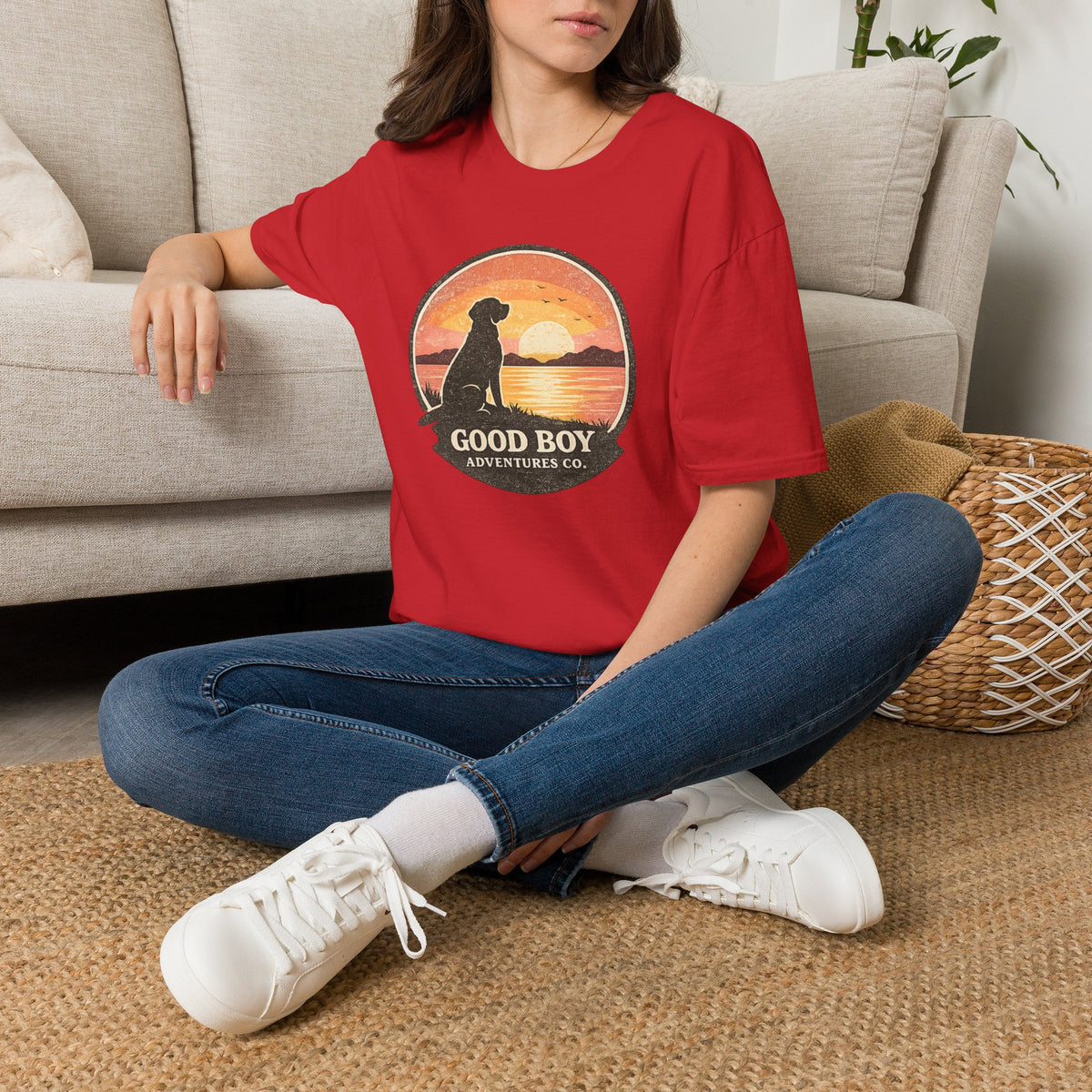 Dog Sunset T-Shirt — "Good Boy" Retro Beach Graphic Tee