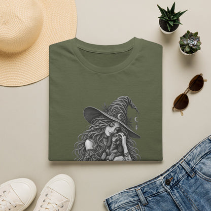 Witch Girl petting a dog Graphic T-Shirt — Witch Illustration Tee