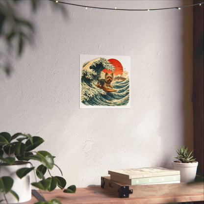 Surfing Yorkie Poster — Vintage Wave Art Matte Vertical Print