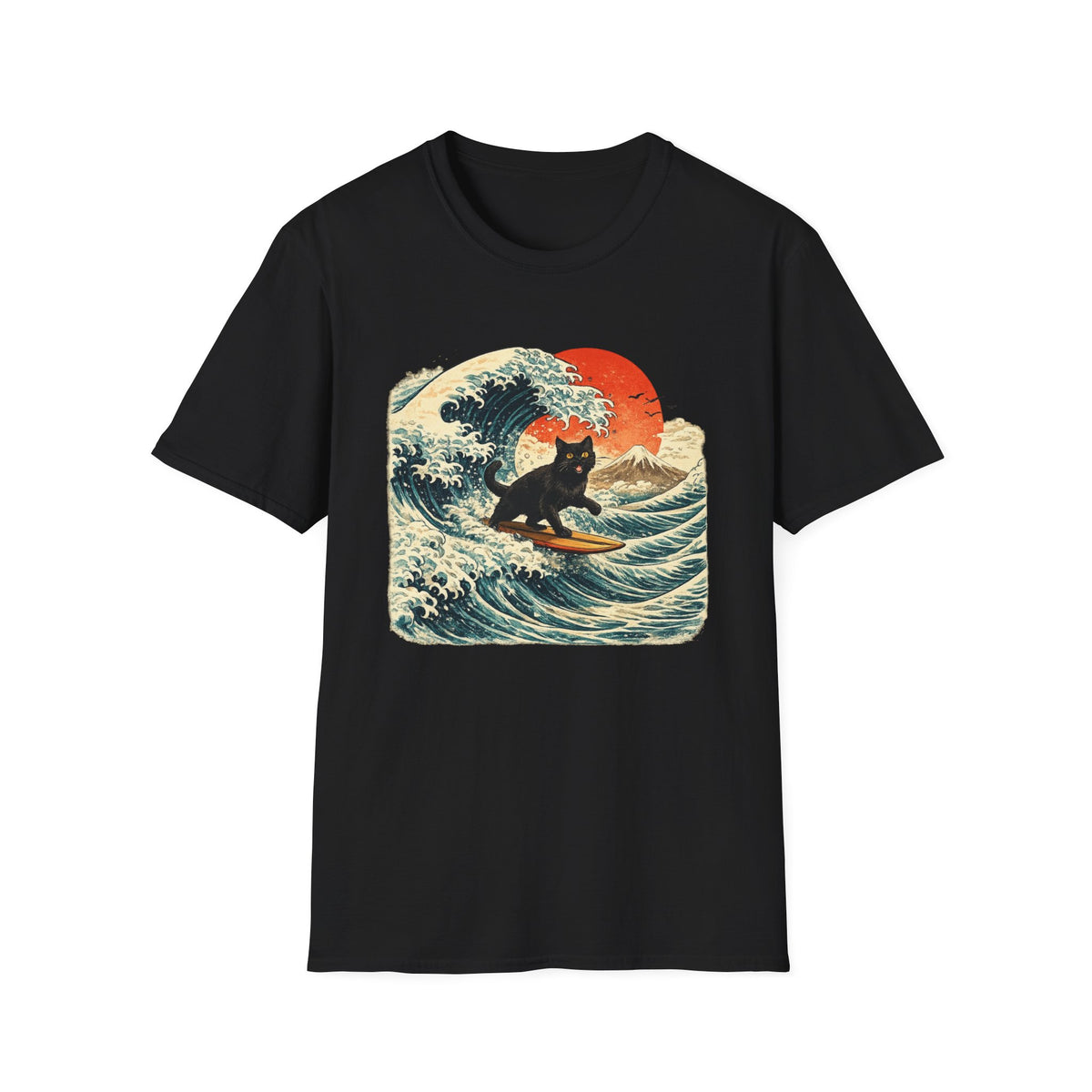 Surfing Cat T-Shirt — Retro Wave Japanese-Style Sunset Graphic Tee