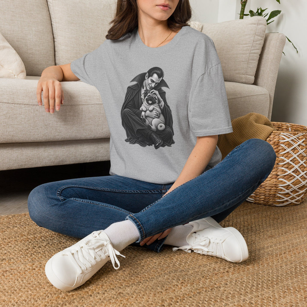 Vampire Holding Pug T‑Shirt — Gothic Cute Dog Tee