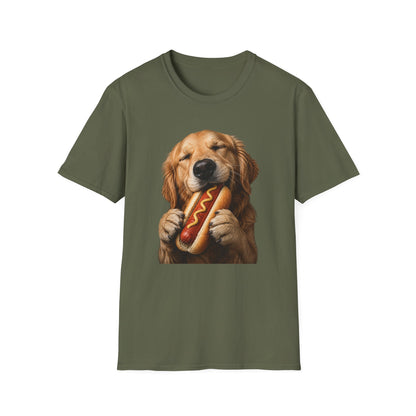 Golden Retriever Hot Dog T-Shirt — Cute Dog Eating Hotdog Graphic Tee