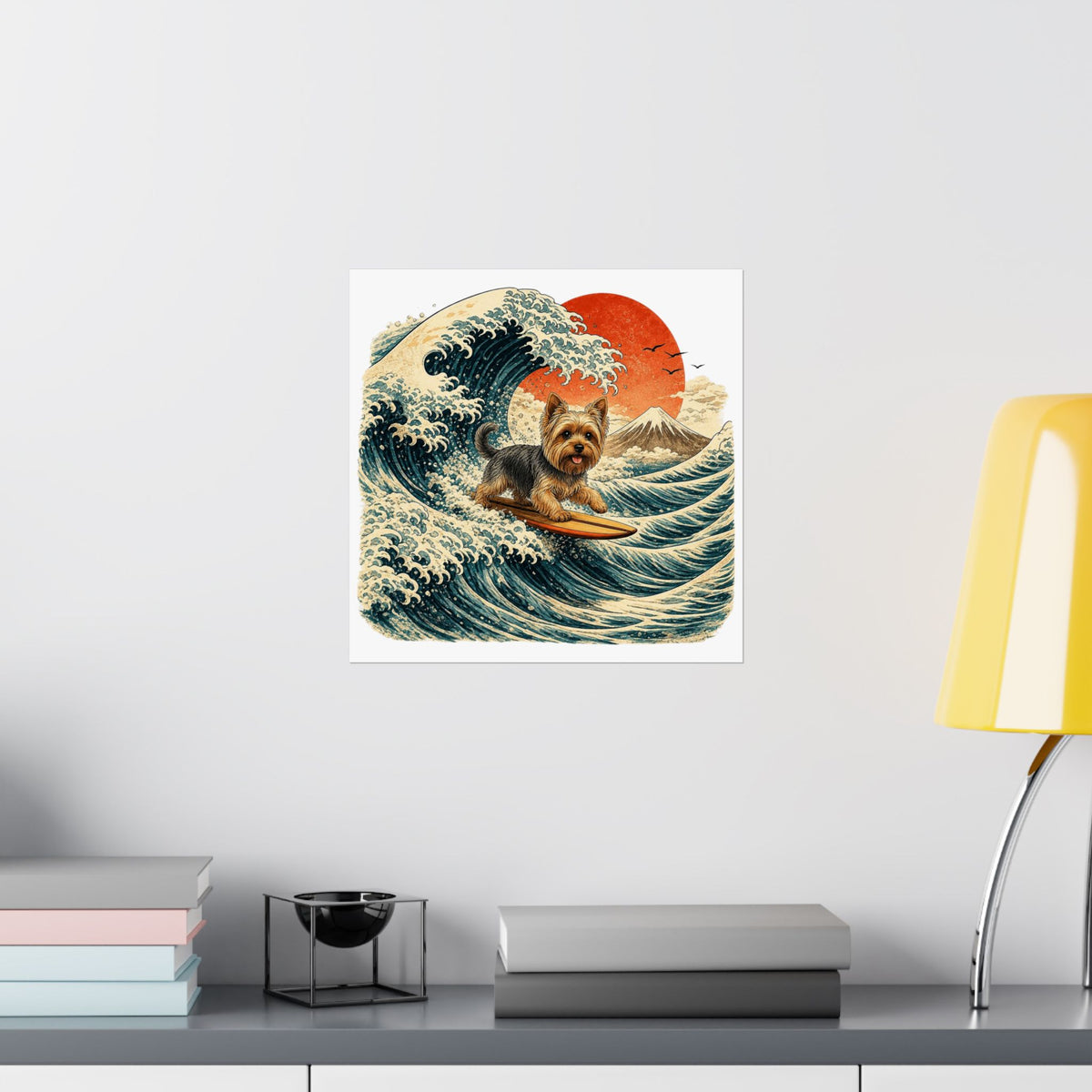 Surfing Yorkie Poster — Vintage Wave Art Matte Vertical Print