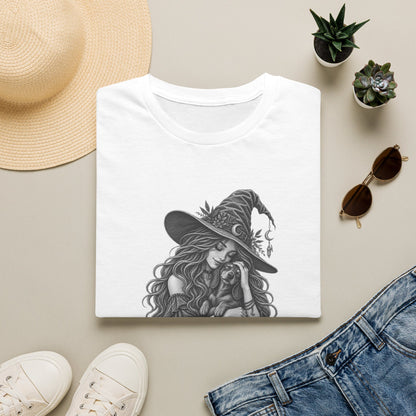 Witch Girl petting a dog Graphic T-Shirt — Witch Illustration Tee