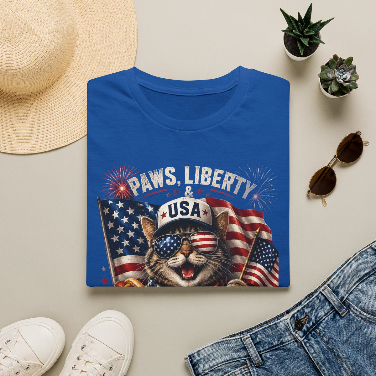 Paws, Liberty & USA Cat T-Shirt — Patriotic 4th of July Cat Graphic Tee