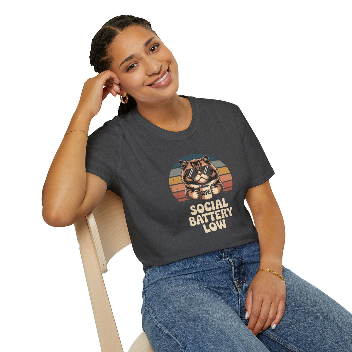 Social Battery Low Cat Retro Graphic T-Shirt