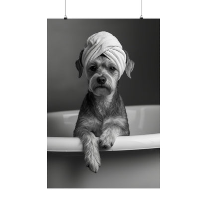 Digital download Spa Pup Matte Vertical Poster — Black & White Dog in Bathtub Print