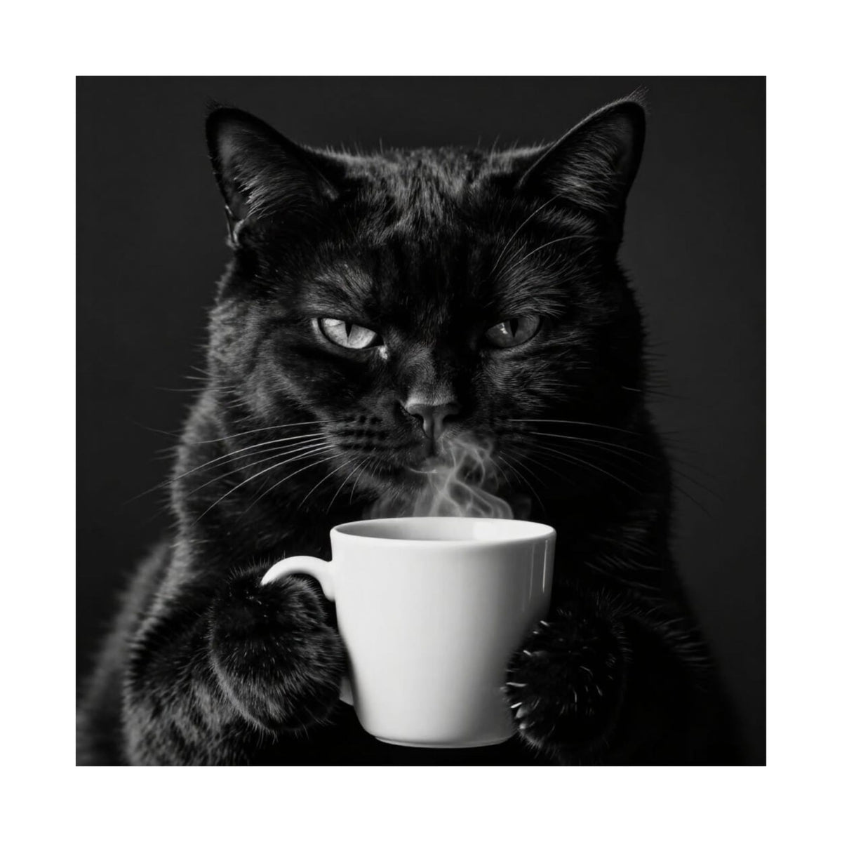 Black Cat with Coffee Matte Poster — Moody Cat Wall Art