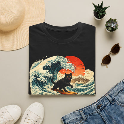 Surfing Black Cat T-Shirt — Vintage Wave Sunset Tee
