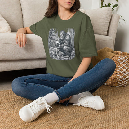 Bigfoot & Dog Graphic T-Shirt — Retro Wilderness Sasquatch Design