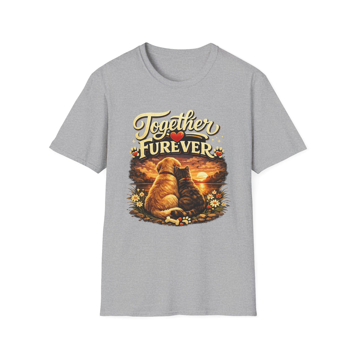 T-Shirt — "Together Furever" Dog and cat Sunset Graphic Tee