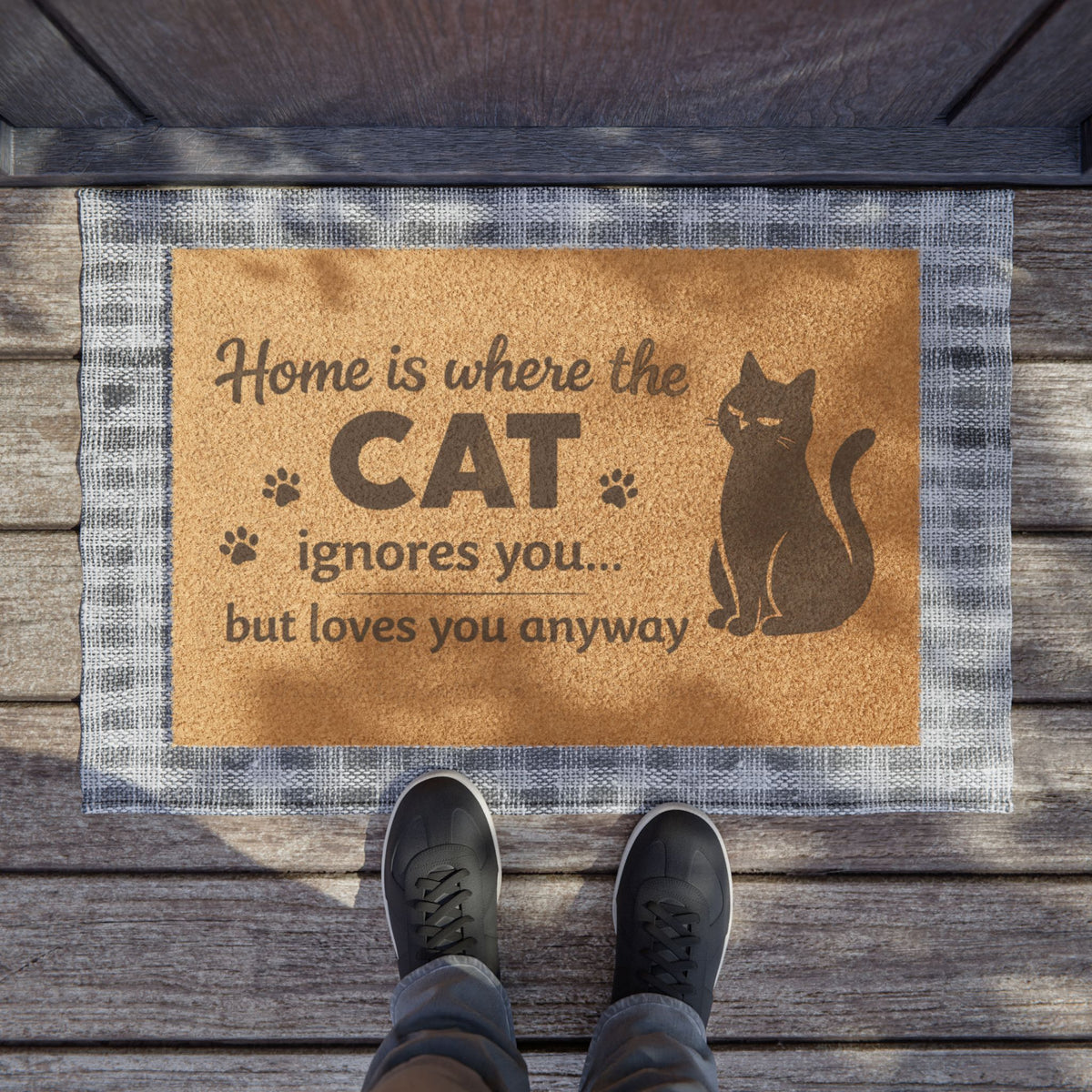 Cat Doormat — "Home is where the cat ignores you but loves you anyway" Decorative Welcome Mat