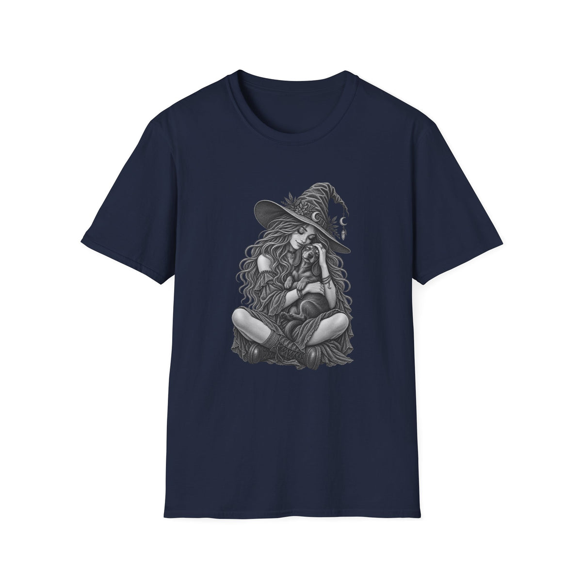 Witch Girl petting a dog Graphic T-Shirt — Witch Illustration Tee