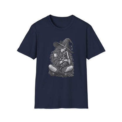 Witch Girl petting a dog Graphic T-Shirt — Witch Illustration Tee