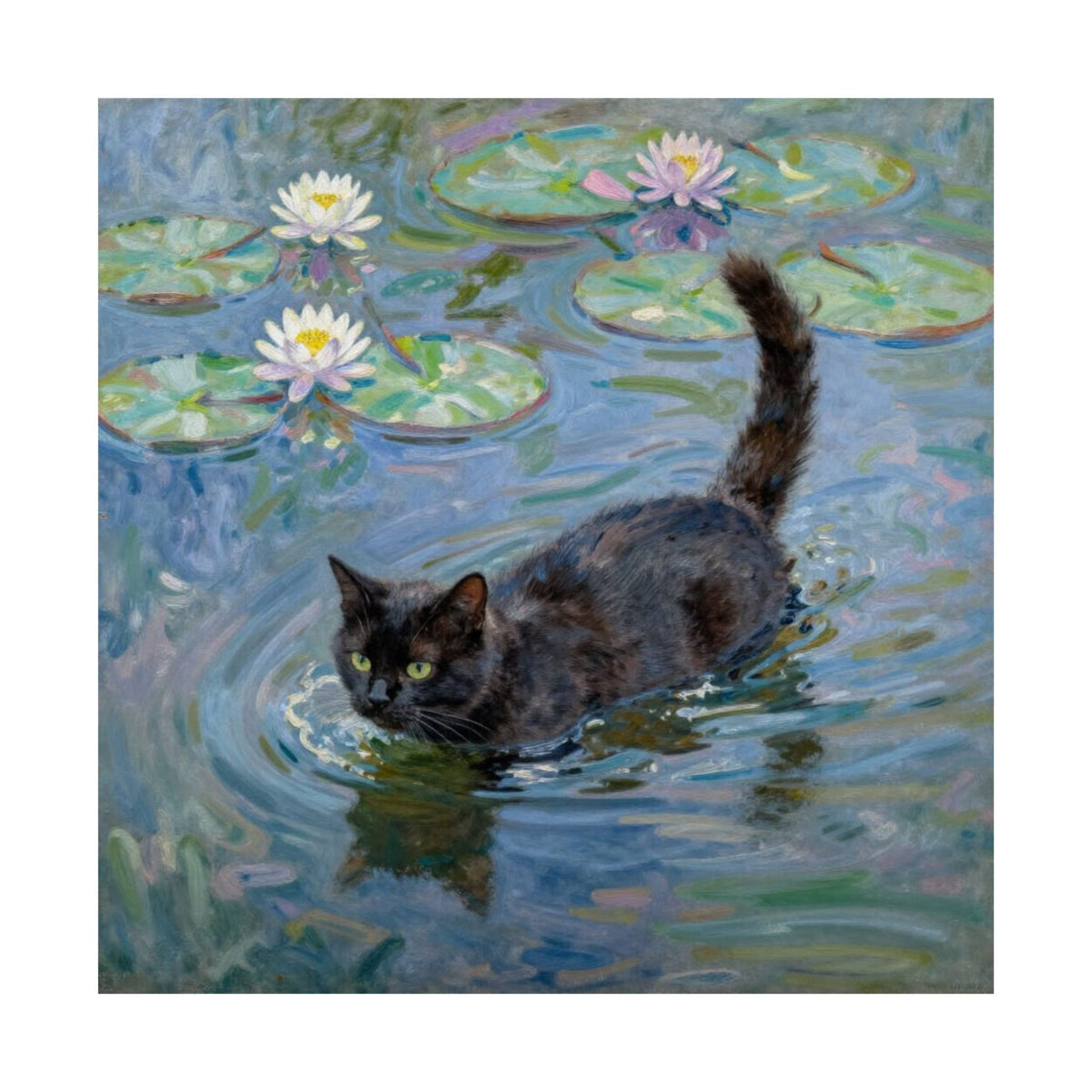Digital download Poster — Black Cat in Water with Waterlilies (Art Print)