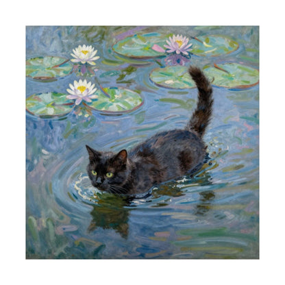 Digital download Poster — Black Cat in Water with Waterlilies (Art Print)