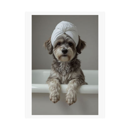 Dog Spa Poster — Cute Puppy in Towel Matte Vertical Wall Art