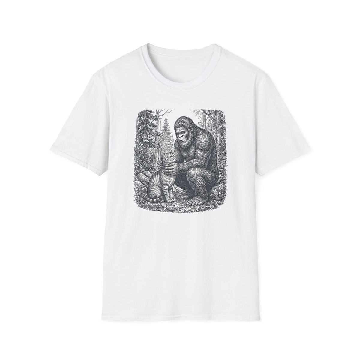 Bigfoot & Cat T-Shirt — Vintage Sasquatch Forest Illustration