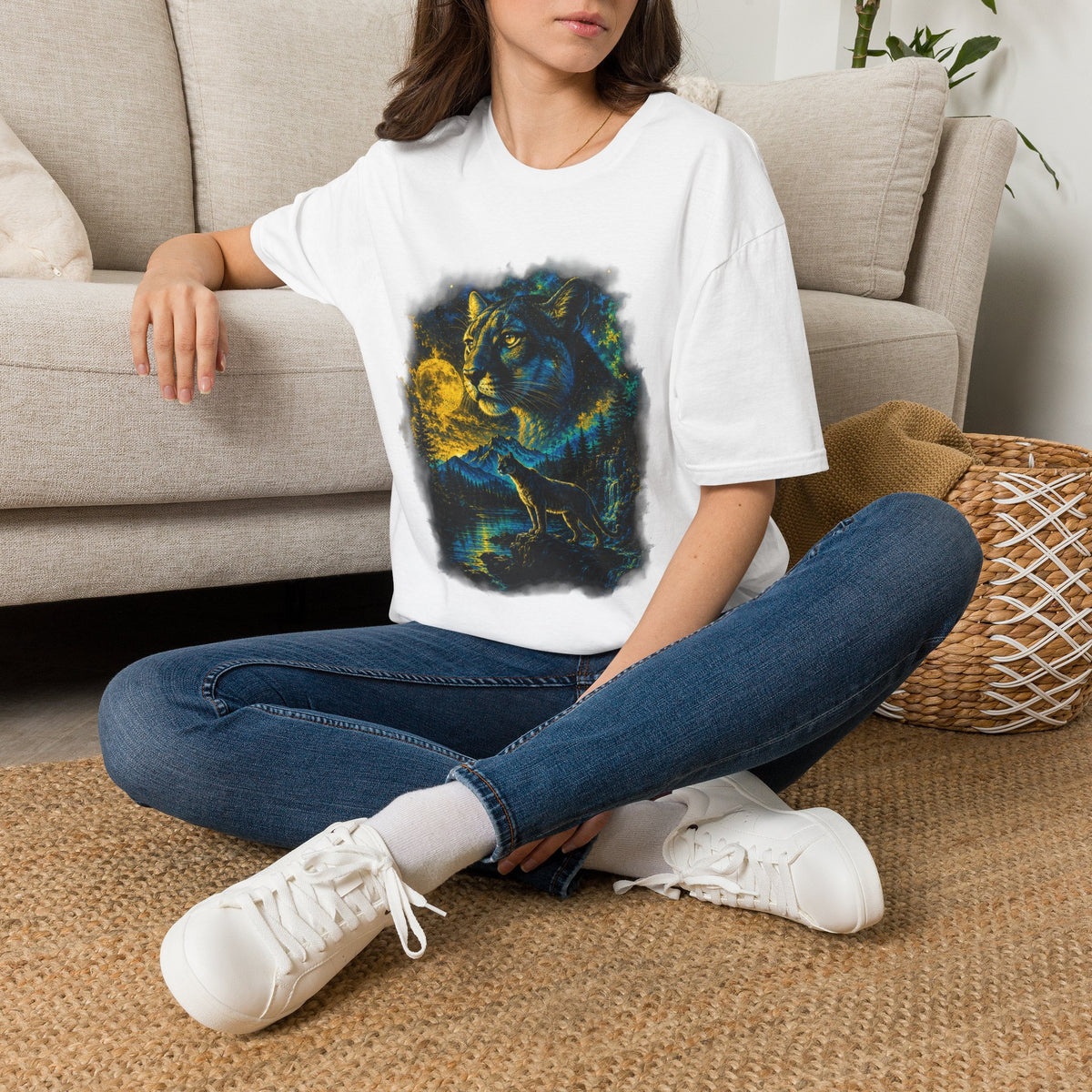 Moon T-Shirt — Neon Cosmic Big Cat Graphic Tee