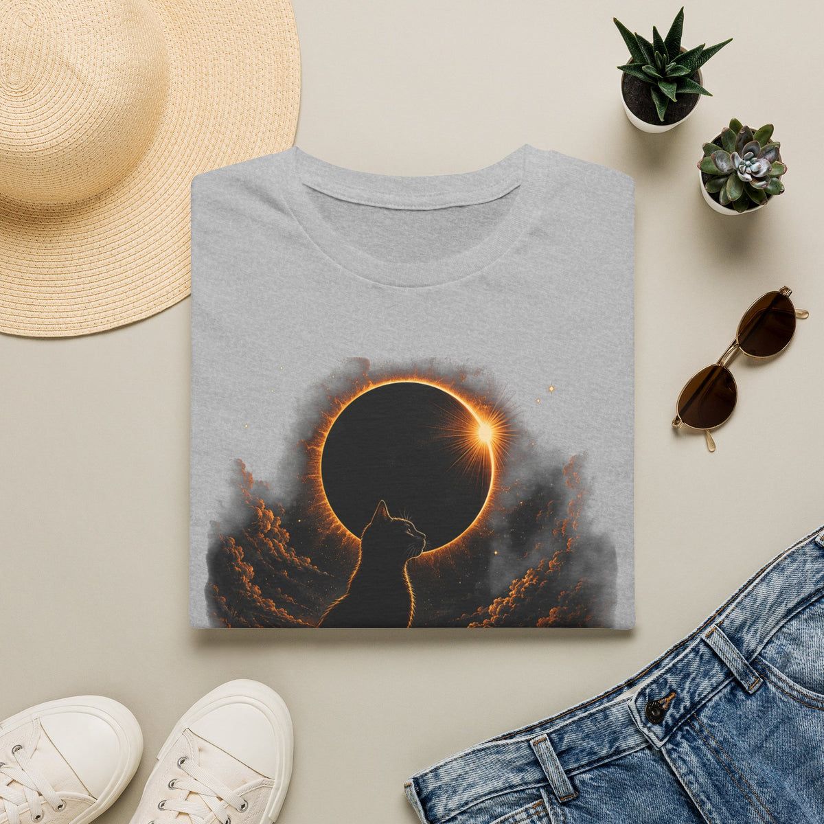 Eclipse Cat T-Shirt — Cosmic Solar Eclipse Cat Silhouette Tee