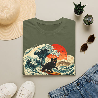 Surfing Black Cat T-Shirt — Vintage Wave Sunset Tee